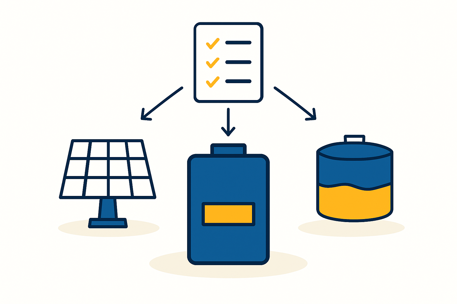 Diagram of a solar factory with an integrated backup power system (solar panels on the roof, battery storage, generator)