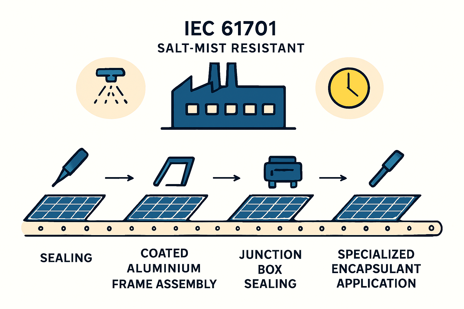 Close-up of solar module frame and junction box, illustrating corrosion resistant design