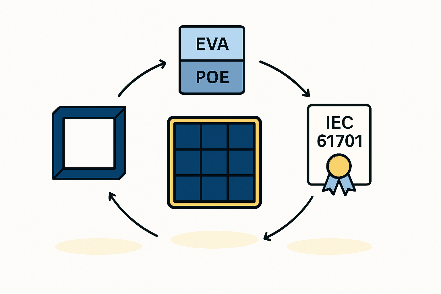 Diagram illustrating the primary points of corrosion on a standard solar module, highlighting the frame, junction box, and cell interconnectors.