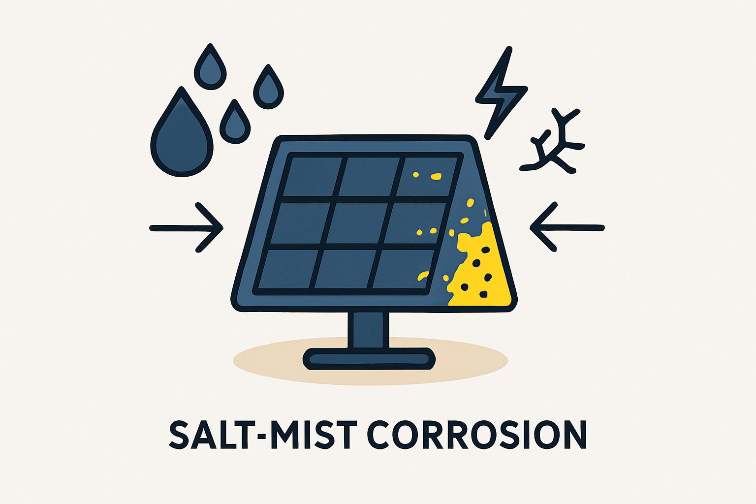 A corroded solar panel frame in a coastal setting, showing white pitting and degradation.