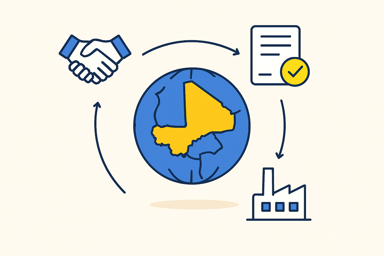 A map highlighting Mali's key industrial zones, such as Bamako-Sénou and Kayes.