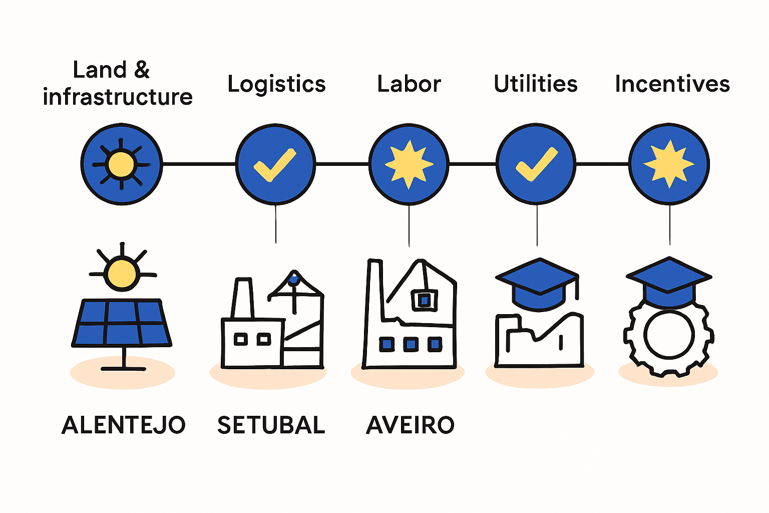 Map of Portugal highlighting the three key industrial regions: Alentejo (Sines), Setúbal, and Aveiro.