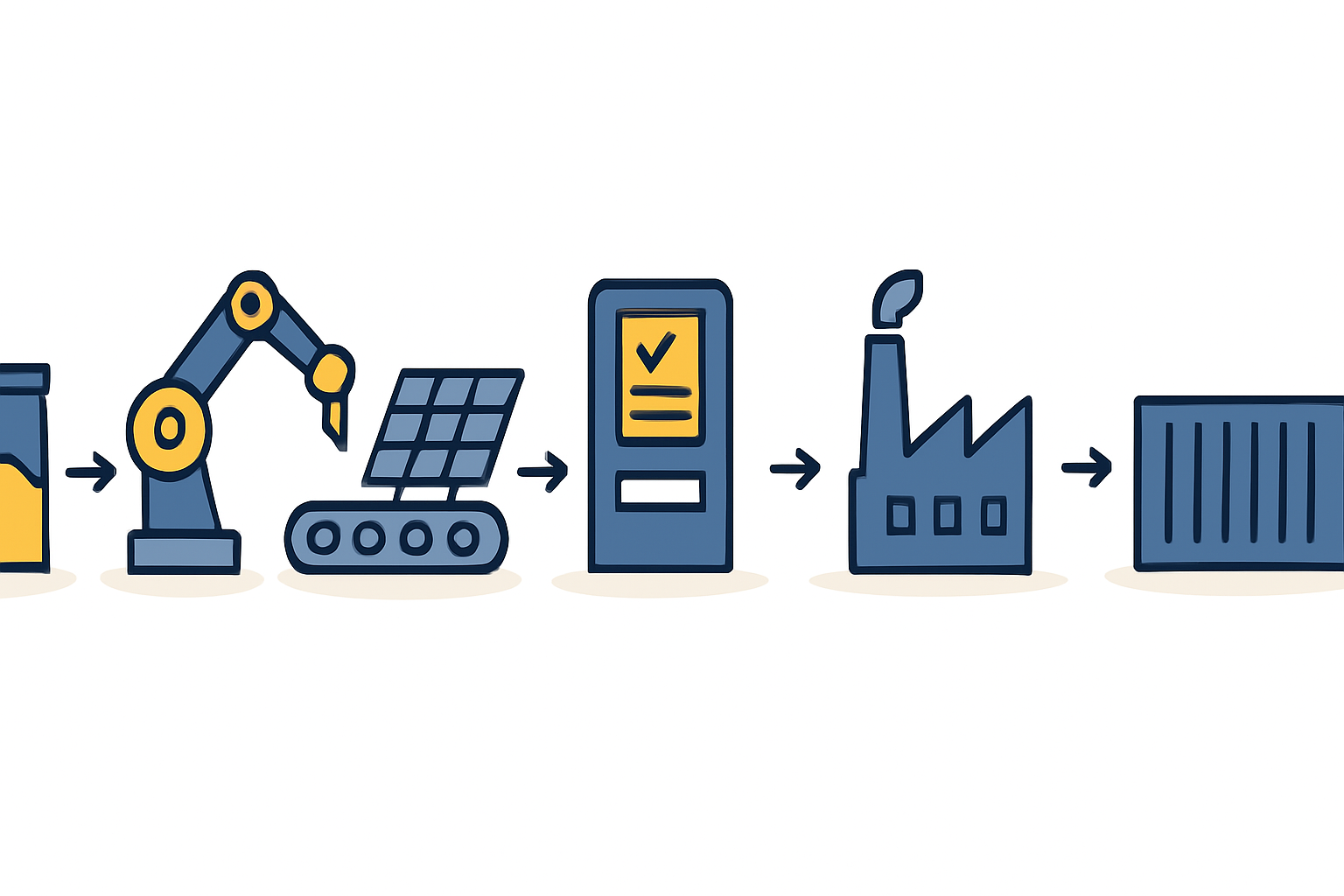 A flowchart or diagram showing the phased approach to setting up a solar factory (Planning -> Sourcing -> Installation -> Ramp-up)