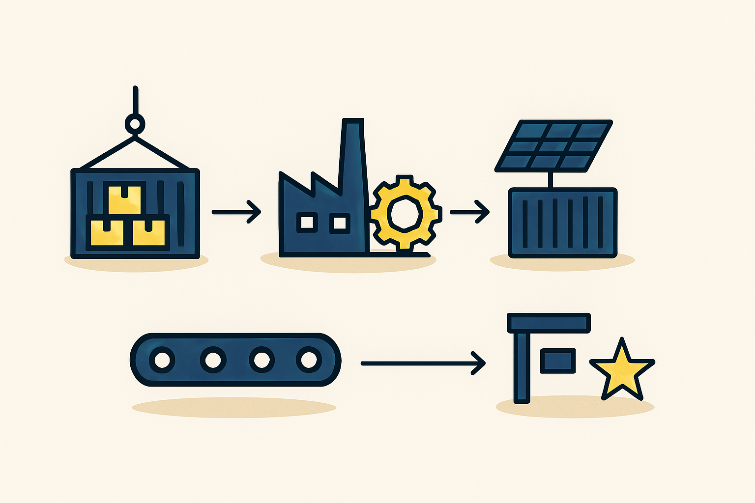 Infographic showing the flow of materials from Asia via Manzanillo to a factory, and finished modules out through Laredo to the US market.