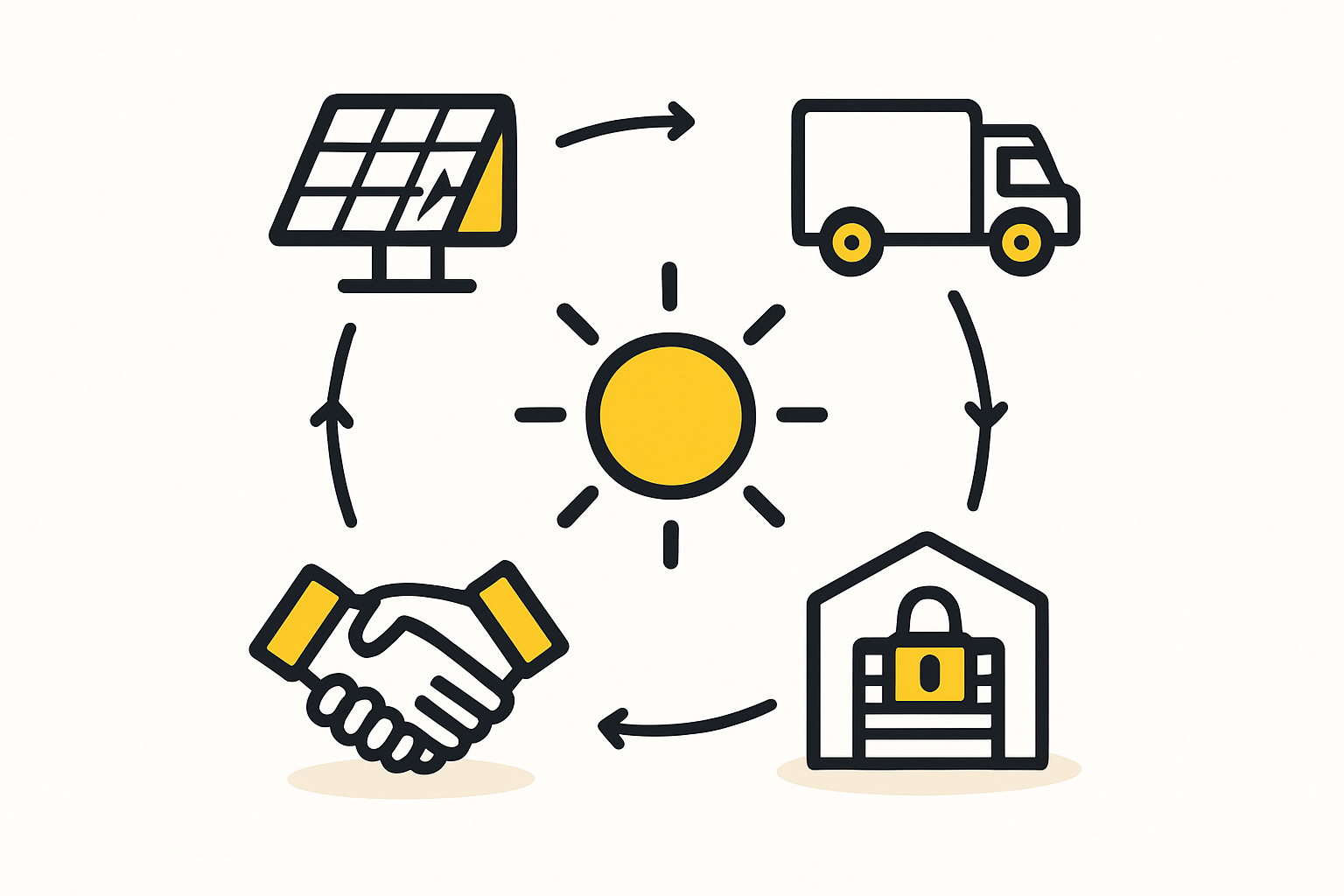 A modern, well-organized warehouse with solar modules stacked and ready for distribution, representing the ideal storage solution.