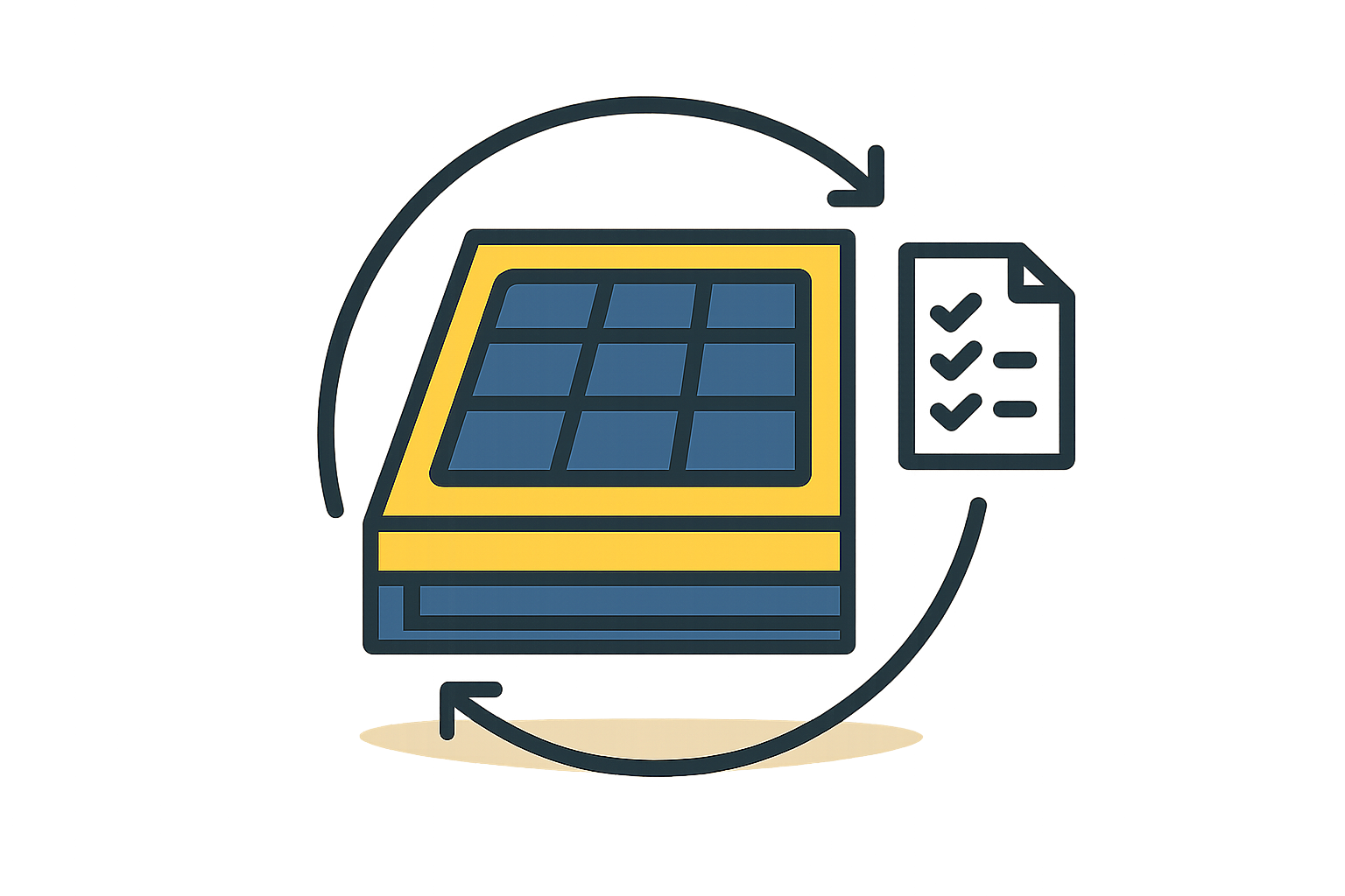 A close-up, cross-section view of a solar module, with labels pointing to the front glass, encapsulant (POE), solar cells, and backsheet/back glass.