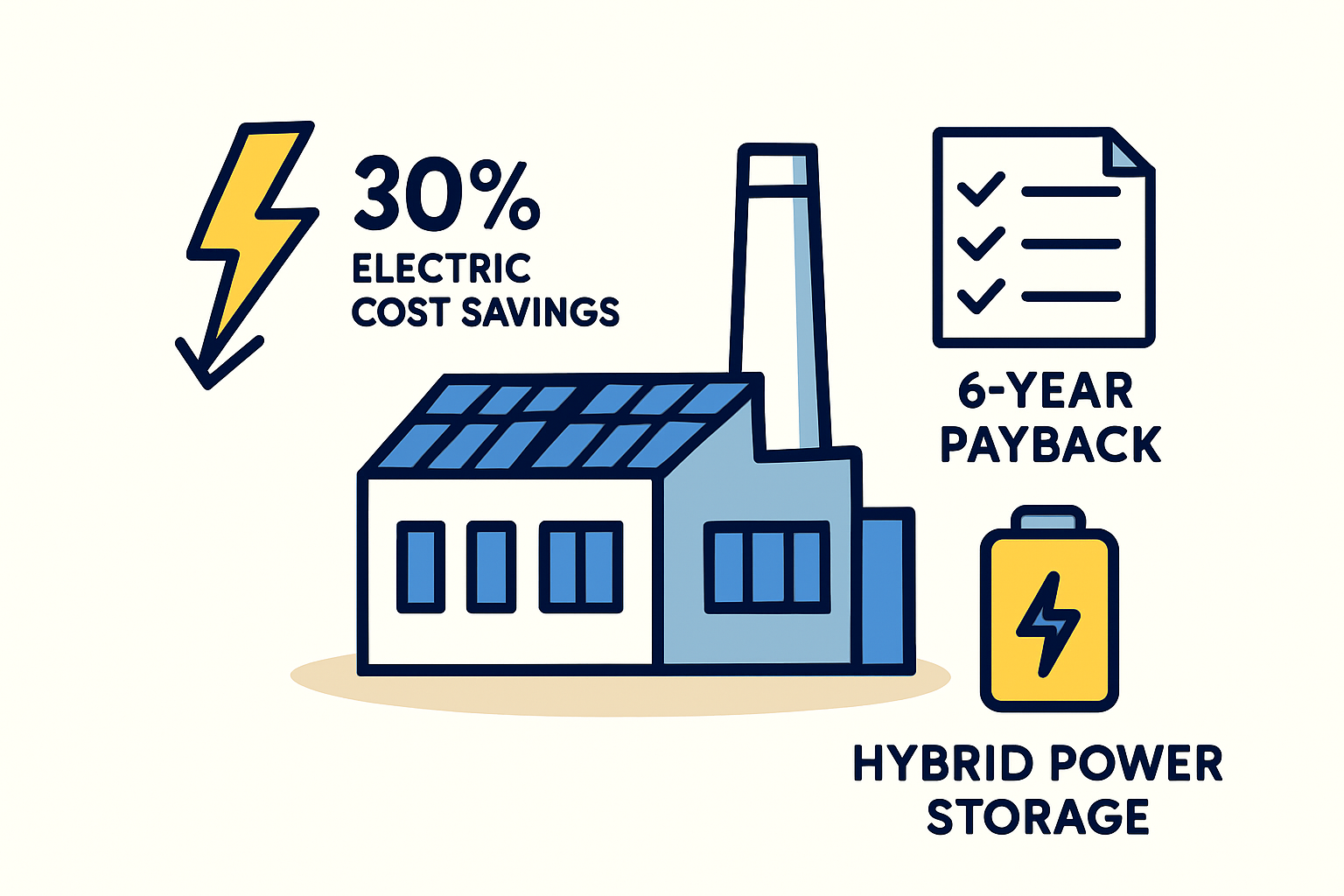 A diagram showing a solar panel system powering an industrial facility, with labels for panels, inverter, and connection to factory machinery.