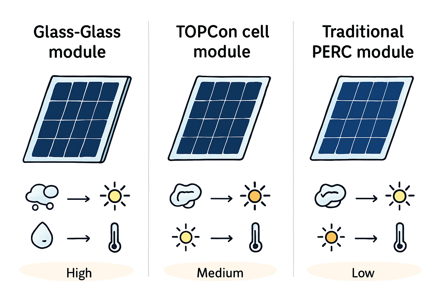 A close-up, cross-section diagram comparing a glass-foil module with a glass-glass module, highlighting the different layers.