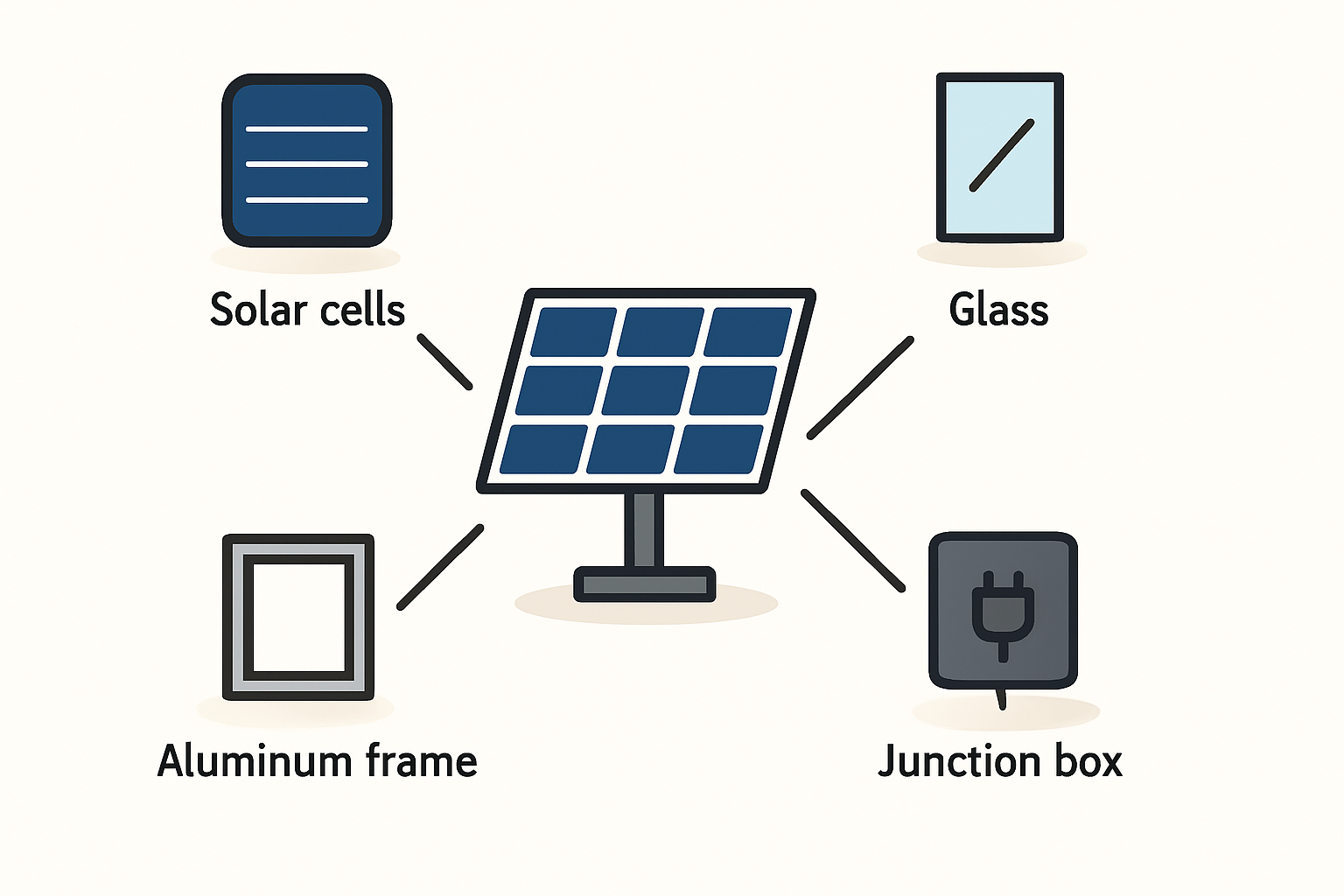 Diagram showing the key raw materials of a solar panel: solar cells, glass, frame, backsheet, encapsulant