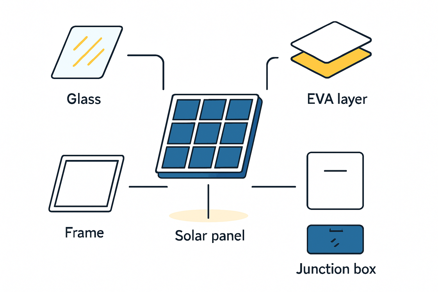 Exploded view of a solar panel's components, including glass, EVA, solar cells, backsheet, and aluminum frame.