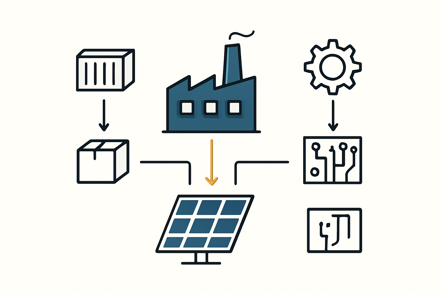 A flowchart comparing the sourcing process for solar cells (local, short supply chain) versus solar glass (import, long supply chain).